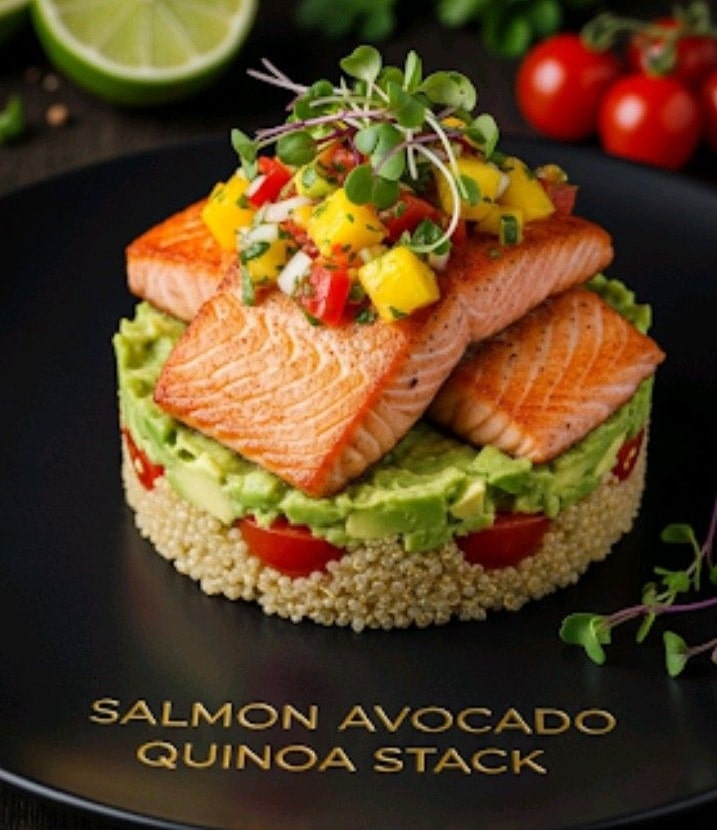 Delicious Keto Avocado & Bacon Egg Cups, Salmon Avocado Quinoa Stack, and More! 2 Salmon avocado quinoa stack